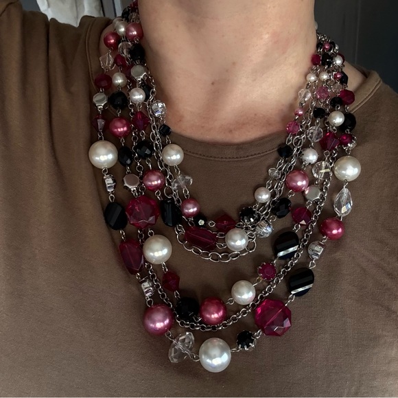 Cocktail chunky statement necklace pink black white pearl crystal multi-strand - Picture 9 of 9